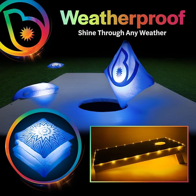 Brightz Cornhole Board Edge Lights with LED Bags - Includes 4-Pack of LED Cornhole Bags + TossBrightz Cornhole Board Edge Lights - The Ultimate Night Time Cornhole Master Set