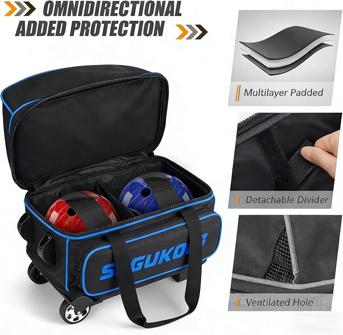 2 Bowling ball Bag with Wheels, Lightweight Trolley Double Ball Bowling bag with Large Separate Shoe Compartment and Oversized Accessory Pocket, Retractable Handle Extends To 39.5"