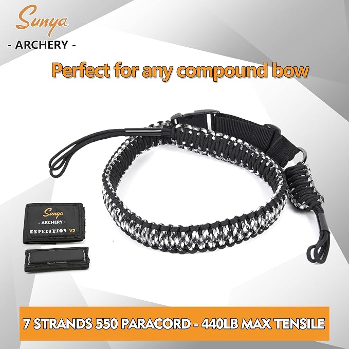 SUNYA Paracord Compound Bow Sling with V2 Upgraded Magnetic Connection System. Lightweight Hands Free Shoulder Carrying Sling for Bow Hunting, Field Archery and 3D