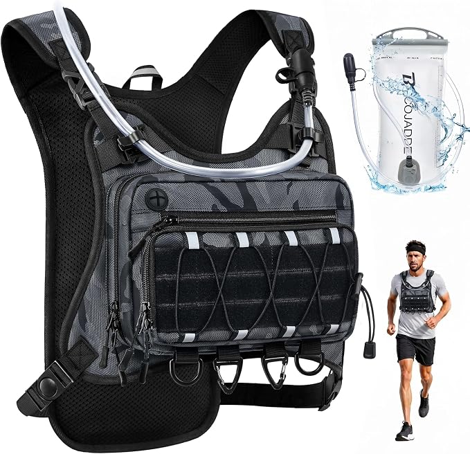 BECOJADDE Running Vest for Men with 2L Water Bladder Tactical Hydration Backpack Adjustable Lightweight Chest Pack for Marathon Hunting Cycling