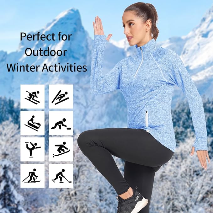 Soneven Women's Thermal Fleece Running Shirts Warm Winter Pullover Cold Weather Workout Hiking Tops with Thumb Holes Pockets