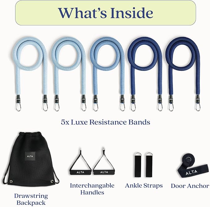 ALTA Resistance Tube Bands for Women - Full Kit Resistance Bands for Working Out with Handles, Ankle Straps, Door Anchor – Home Workout Bands for Physical Therapy, Pilates Long Exercise Bands Set