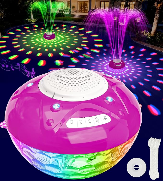 Luxfero 3 in 1 Pool Fountain with Bluetooth Pool Speaker, Floating Pool Fountain with Lights, IP68 Waterproof Hot Tub Speaker Pool Water Fountain Pump, BT5.4, Loud Sound Pool Fountain Speaker-Purple