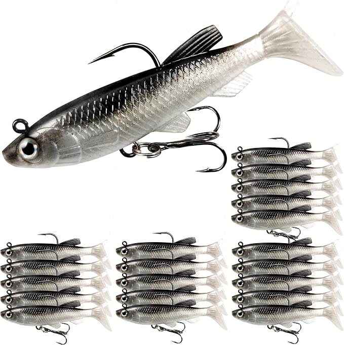 Soft Fishing Lures Shad Minnow Swimbaits, Pre-Rigged Jig Heads Paddle Tail Swim Baits for Bass, Trout, Walleye, Crappie, Sinking Jigs Bait for Saltwater Freshwater, Fishing Gifts for Men