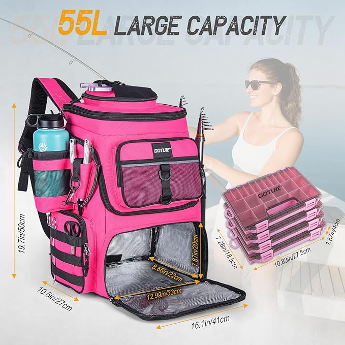 Goture Fishing Backpack with 4 Tackle Boxes, 900D Water-Resistant Tackle Backpack with Rod Holders,Insulated Cooler Compartment, 55L Large Capacity Fishing Gear Storage Bag for Saltwater & Freshwater