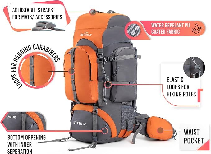 Tripole Walker 65 Litres Rucksack | Internal Frame With Metal Rod | Rain Cover | Bottom Opening | Laptop Section