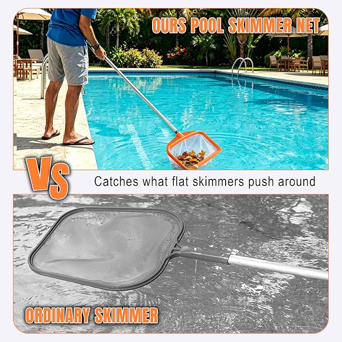 Pool Skimmer Net, Heavy Duty Swimming Pool Leaf Rake, Orange Plastic Frame with Large Capacity Nylon Mesh Bag for In-Ground & Above Ground Pool, Spa, Hot Tub Debris Removal (Pole Not Included)