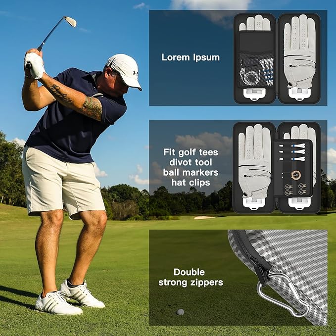Golf Glove Case, Golf Glove Case with Two Gloves Holder for Golf Bag Accessories, Golf Storage Organizer for Tees, Divot Tool, Ball Markers for Men and Women Golfers