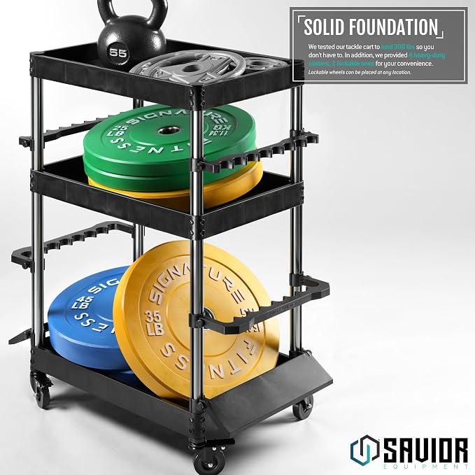 Savior Equipment Mobile Tackle Station 16 Fishing Rod Holder Cart w/Wheels, Adjustable Rack For Different Rod & Reel, 3-Level Fishing Gear Storage Pole Organizer For Garage Home Indoor Use, Black