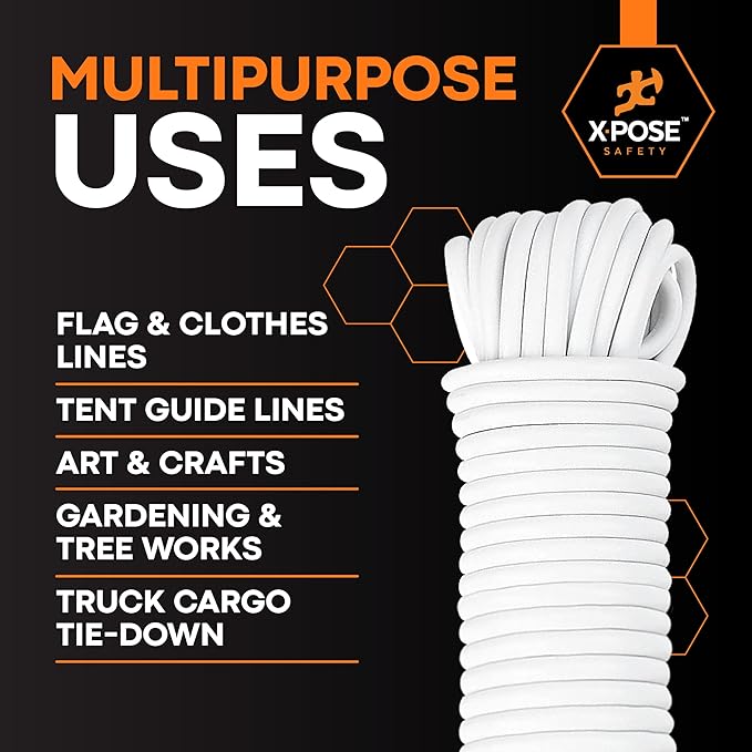 Plastic Clothesline Rope 5/32" x 50 FT, White Outdoor Clothes Line for Hanging and Drying Laundry, Weather Resistant Braided Plastic Laundry Line, Synthetic Cord for Clothesline Pulley