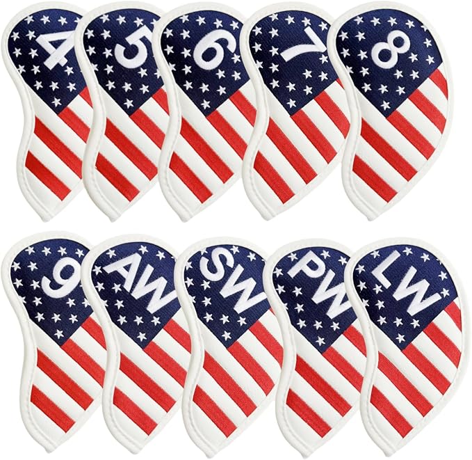 Patriotism US Flag Golf Iron Covers Premium Leather Iron Head Covers Set Headcover 4 5 6 7 8 9 PW SW AW LW Wedge Iron Club Covers fits for Most Brands