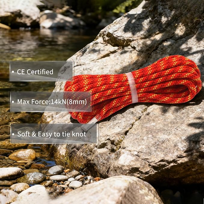 NewDoar CE & UIAA Certificated 5/16(8mm) Static Climbing Rope 14KN High Strength Accessory Cords 33FT/66FT/98FT/165FT Safety Rope for Rock Climbing, Outdoor Survival, Hiking, Mountaineering