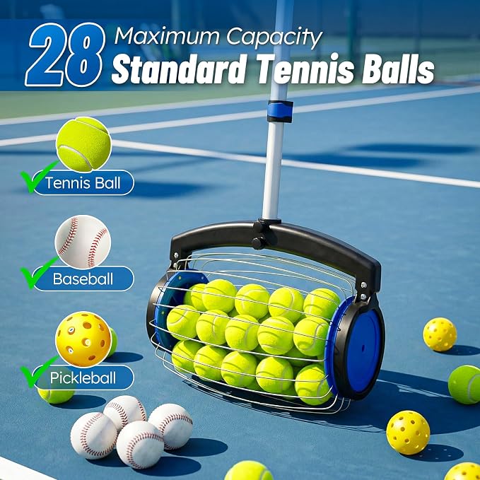 zozen Tennis Ball Picker with Storage Bag, No Bending Quick Pickup Roller, Adjustable Telescopic Handle, Holds Up to 28 Tennis Balls, Portable Collector for Tennis/Pickleball/Baseball/Lacrosse Ball