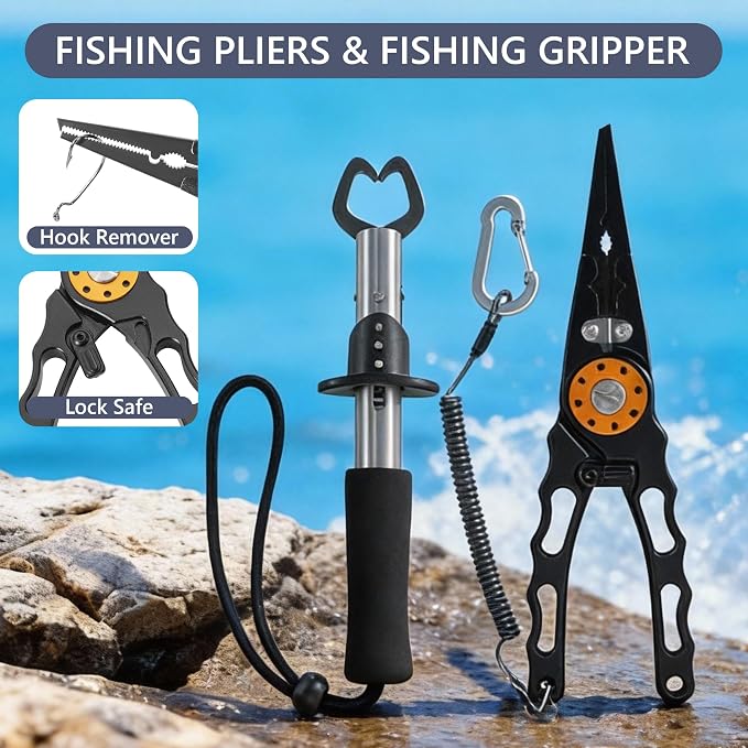 GMAK Fishing Backpack with Tackle Boxes, Fishing Sling Tackle Backpack Bag for Fish Gear With Rod Holder, Fish Kits Gifts for Men Women with Lures, Pliers, Lip Gripper, Black Kit