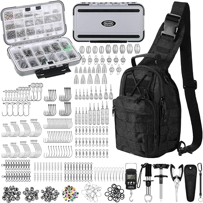 397 Pcs Fishing Accessories Kit Tools Include Backpack Fishing Tackle Box with Hooks Weights Sinkers Spinner Blade Gear