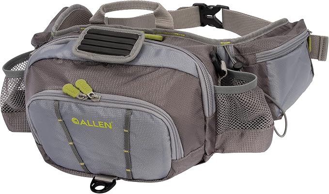 Allen Company Eagle River Lumbar Fly Fishing Pack - Holds 6 Fly Boxes, Zip‑Down Workstation, Waist Bottle Pockets, Durable Outdoor Waist Pack - Gray/Lime and Olive Green