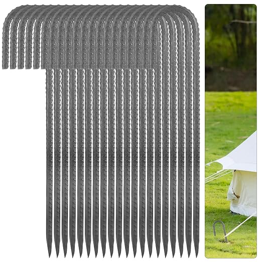 20 Pcs J Jook Rebar Stakes 12 Inch, 5/16" Diameter Chain Link Fence Stake Tent Stake, Heavy Duty Ground Anchors for Camping, Inflatables, Canopies, Swing Sets, Yard Decorations