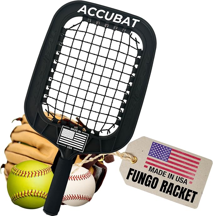 Accubat Fungo Racket for Baseball & Softball Training - Baseball Racket with Durable Frame & Replaceable Netting - Quality Design for Accurate Fly Balls & Grounders - USA Made (26 Ounce, Black)
