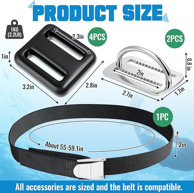Tellegloww 7 Pcs Diving Weight Accessories Include 4 Dive Weights, 1 Nylon Dive Belt with Metal Quick Release Buckle, 2 Stainless Steel Weight Belt Keeper with D Ring for Diving Spear Fishing