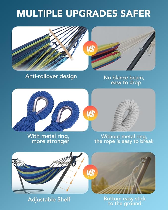 Everyfun Double Hammock with Space-Saving Steel Stand, 2 Person Heavy-Duty Hammock for Garden, Yard or Outdoor, 600lbs Capacity, Wide Blue