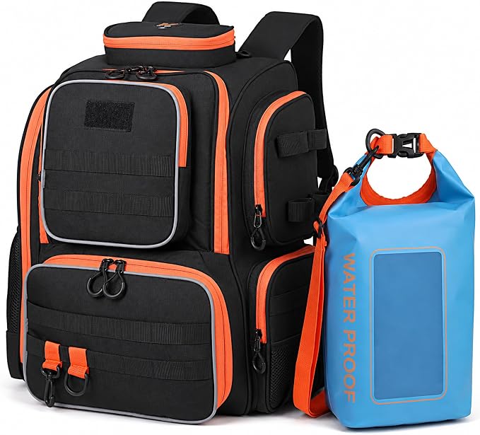 40L Fishing Backpack with Extra Waterproof Storage Bag | 40L split compartment stores tackle boxes & baits; breathable padded straps for all-day fresh/saltwater anglers