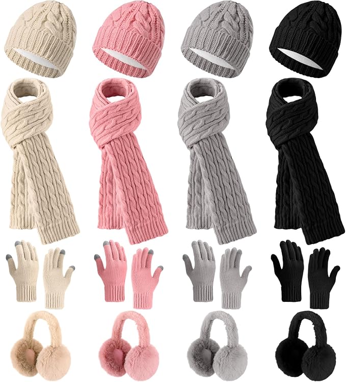 16 Pcs Women Hat Scarf Gloves Ear Muffs Set Winter Knitted Pom Beanie Hats Scarf Touch Screen Gloves for Men Adult Homeless