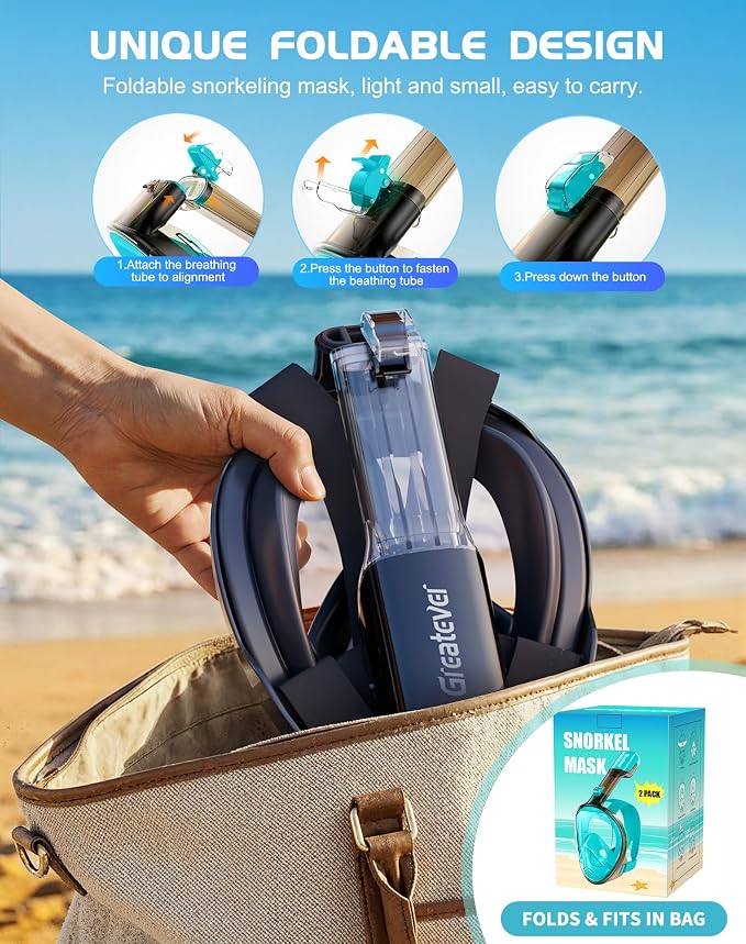 Greatever Full Face Snorkel Mask, Snorkeling Gear for Adults with Latest Dry Top Breathing System and Detachable Camera Mount, Foldable Snorkel Set for Family Snorkeling Trips, Anti-Fog & Anti-Leak