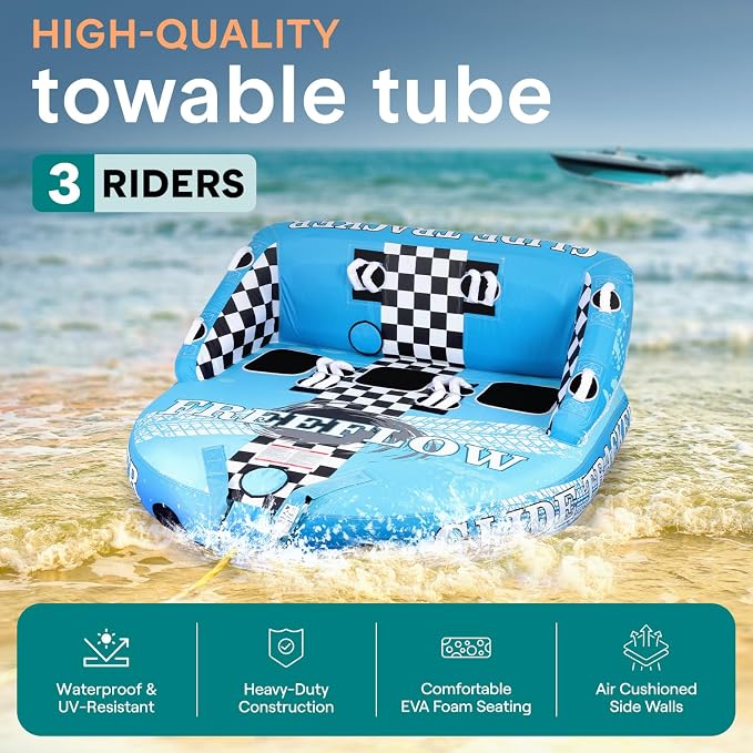Serenelife Inflatable Towable Tube for Boating – 2-4 Person, 4500 lbs Pulling Capacity, Deck Seats & Backrest, Premium Nylon Cover, Grab Handles, Front/Back Tow Points, Speed Safety Valve