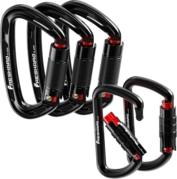 FresKaro 3pcs 25kN Climbing Carabiners with 2pcs 12kN Twist Lock Carabiners, Black Color