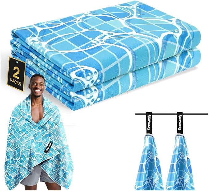 Microfiber Sweat Towel 2 Pack 30" x 60" Gym Towel Ripple Blue | Lightweight and absorbent microfiber towel with quick-dry, odor-resistant fabric for yoga, travel, camping and beach