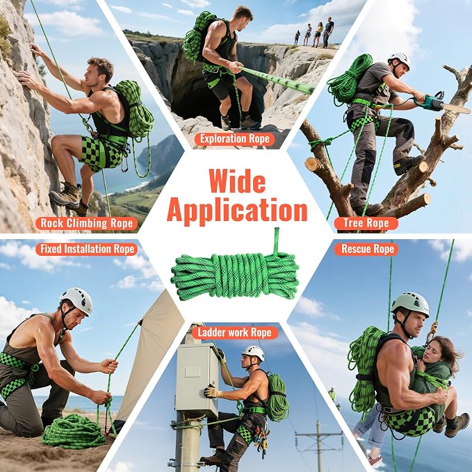 10.5mm Static Climbing Rope - 32FT Rock Climbing Rope for Adults & Kids, Outdoor Heavy Duty Rappelling Ropes for Fire Rescue, Escape, Ice Climbing, Parachute, Caving - Army Green