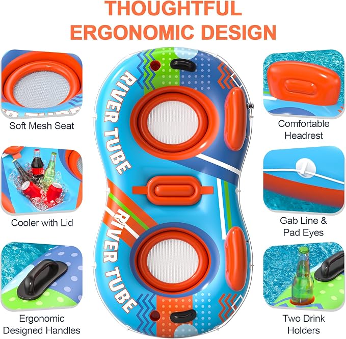 Inflatable River Tube Float, 2 Person Heavy Duty River Pool Floats Adults with 2 Cup Holders Premium Lake Water Tubes for Floating, Outdoor River Raft Sport Fun