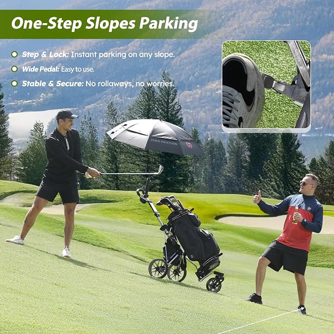 360 Golf Pull Cart: Lightweight Folding Swivel 3 Wheels Golf Caddy with Foot Brake, Cooler Bag, Drink& Umbrella Holder, Gray