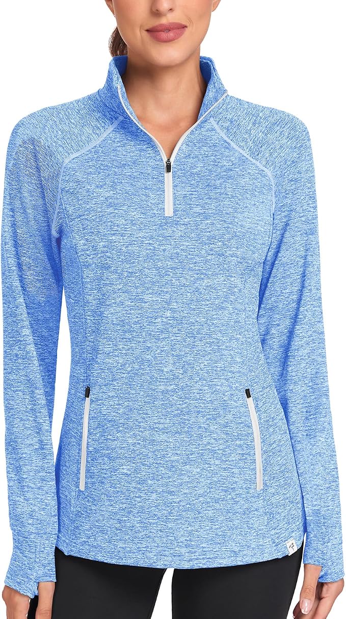 Soneven Women's Thermal Fleece Running Shirts Warm Winter Pullover Cold Weather Workout Hiking Tops with Thumb Holes Pockets