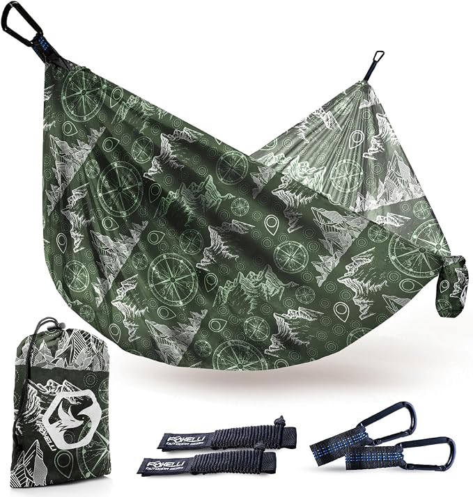 Foxelli Camping Hammock – Ultralight Hammock for Backpacking, Hiking, Festivals, Travel - Easy Setup with Tree-Friendly Ropes & Steel Carabiners, Heavy Duty Parachute Nylon