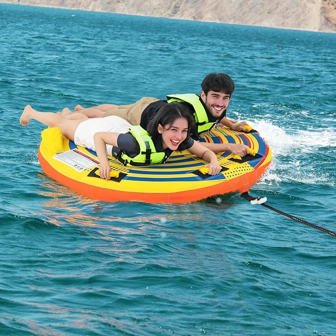 GYMAX Towable Tube for Boating, 2/3 Riders Inflatable Boat Tube for Water Sports to Pull with Padded Grip, Dual Tow Points, Full 900D Nylon Cover & Drainage System for River, Lake, Sea