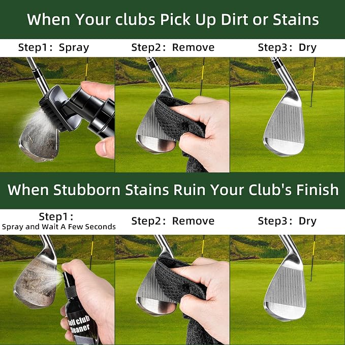 Golf Club Cleaning Kit with Club Cleaner, Grip Cleaner, Polish, Brush, Magnetic Golf Towel & Leather Bag | Restores Clubs, Removes Rust & Scratches, Renews Grip Tackiness, Premium Gifts for Golfers