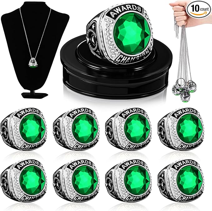 Landical 10 Pcs Championship Trophy Rings Bulk MVP Winner Youth Award Gift with Neck Chains and Display Stand for Basketball Baseball Football Volleyball Softball