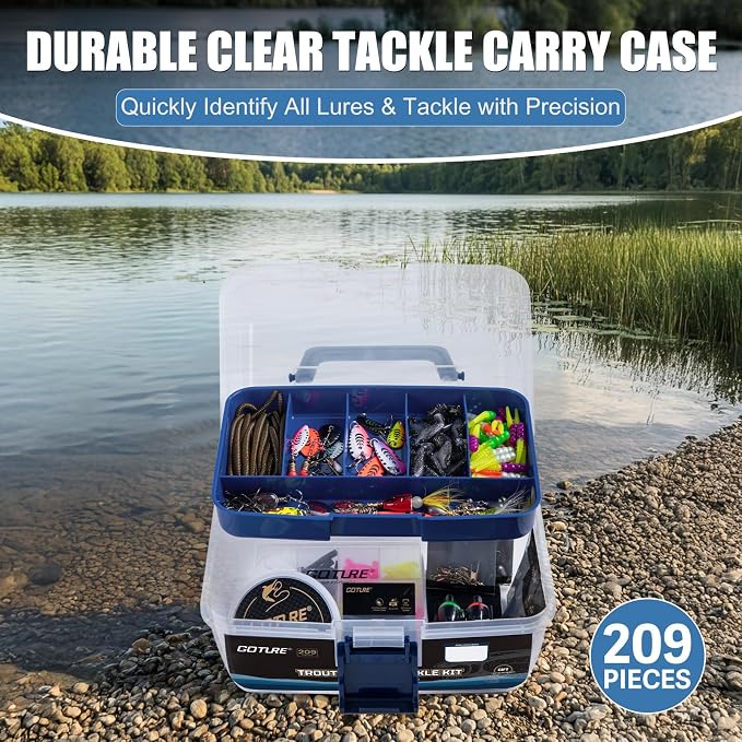 Goture 2-Layer Fishing Tackle Box with Trout Fishing Lures Kit Included, Portable Tackle Organizer with Hooks Sinkers Spinners & Soft Baits, Ideal Fishing Gifts for Men Anglers