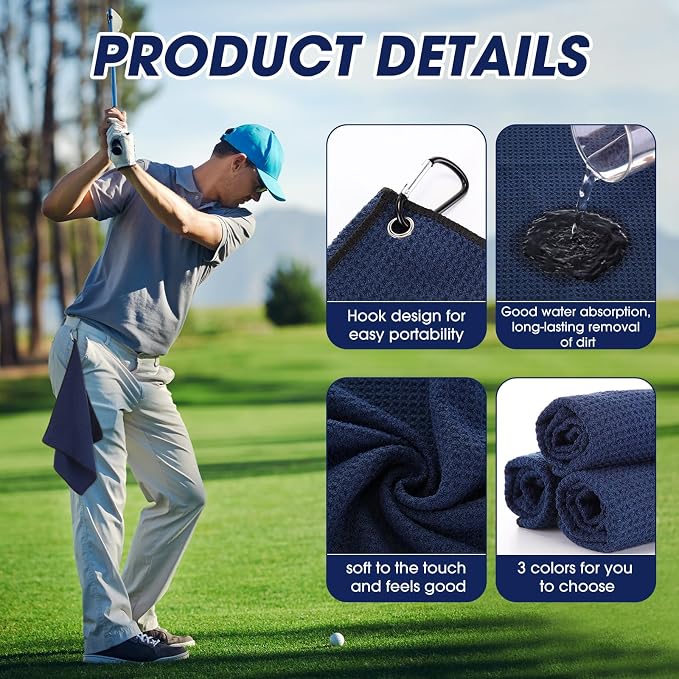 Batiyeer Golf Towels Bulk for Bags, 16"x16" Microfiber Waffle Pattern Golf Towel with Clip for Tournament, Club, Fitness