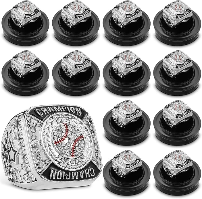 Landical 12 Pcs Baseball Championship Rings Ball Games Championship Trophy Rings Sport Ball Award Gift with Display Neck Chain and Stand for Tournament or Champion Winner