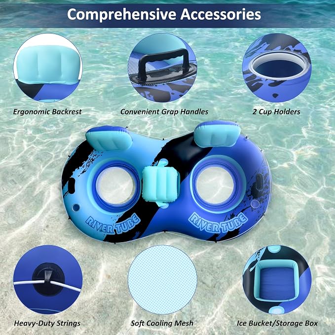 Heavy Duty 2 Person Floats for Adults, 91" X 50" Inflatable River Tube, Adult Floats for Lake, Swimming Tubes with Backrests, 2 Cup Holders, Storage Compartment