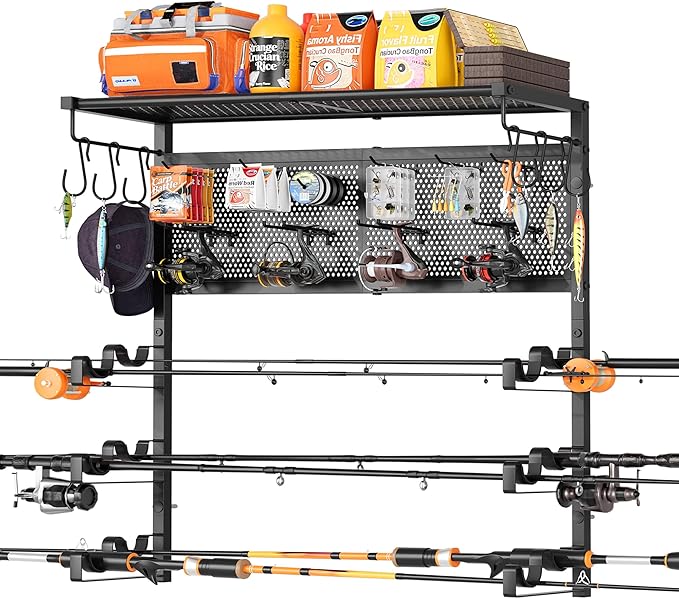 Olakee Wall Mount Fishing Rod Holders, Large Capacity Fishing Pole Holders for Garage Organizer, Horizontal Fishing Pole Rack Holds Up to 6 Rods with Pegboard & Hooks, Ideal Gift for Men Dad Anglers