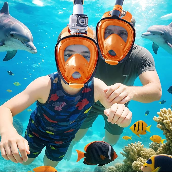 Greatever G2 Adults Kids Full Face Snorkel Mask 2 Pcs,Snorkeling Gear with Latest Dry Top System,Foldable 180 Degree Panoramic View,Safe Breathing,Anti-Leak&Anti-Fog Snorkeling Mask with Camera Mount