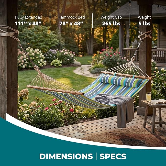 Bliss Hammocks BH-404G 48in Wide Caribbean Hammock w/Pillow, Poolside Patio Backyard Hammock, Includes Straps & Chains, Eco Friendly Polyester & Cotton Blend, 265 Pound Capacity, Candy Stripe