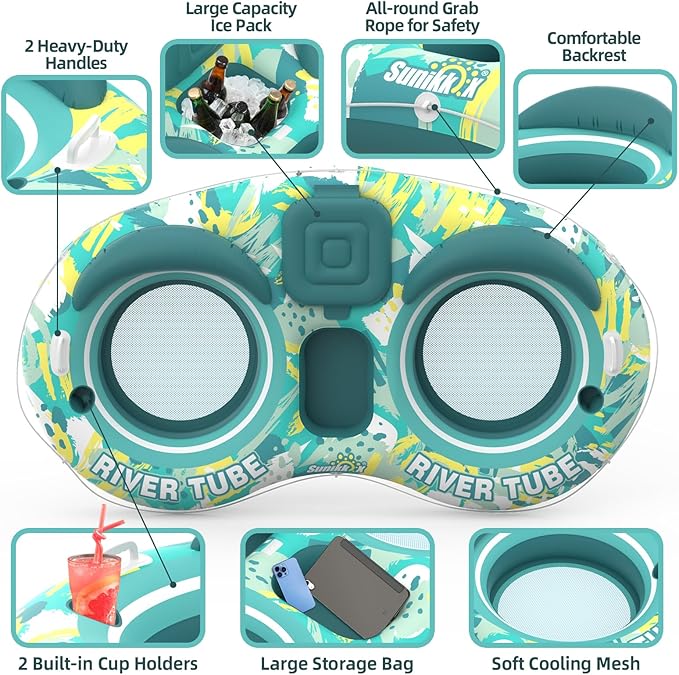 Sunikko X 5-in-1 Pool Floats Adult Heavy Duty River Tube, 2 Person Water Lounge Tanning Pool with Backrests, Built-in Cooler, Cup Holders, Deluxe Pool Toys for Summer Relaxation