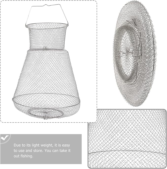 Extra Large Wire Fish Basket, 28X18 inches Fishing Net Cage Collapsible, Crabs Basket Trap Holder for Live Caught Fish, for Seawater, River, and Boat Fishing, Stainless Steel Galvanized, Silver