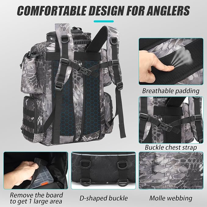 Tactical Fishing Backpack with Tackle Boxes, Rod Holders & Bottle Holder, 50 L Large Tackle Box Backpack with Cooler, Fishing Tackle Bag Store Gear & Equipment, 900 D Oxford, Camouflage Black