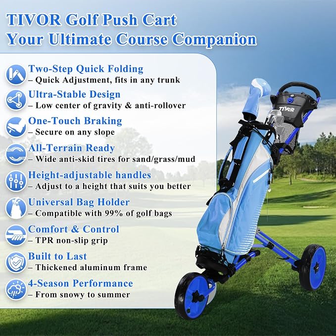 Tivor Lightweight Golf Push cart 3 Wheel,Foldable Golf Trolley for Adults and Junior with Ergonomic Adjustable Handle, Scorecard Holder, Umbrella Mount, Foot Brake, All-Terrain Wheels