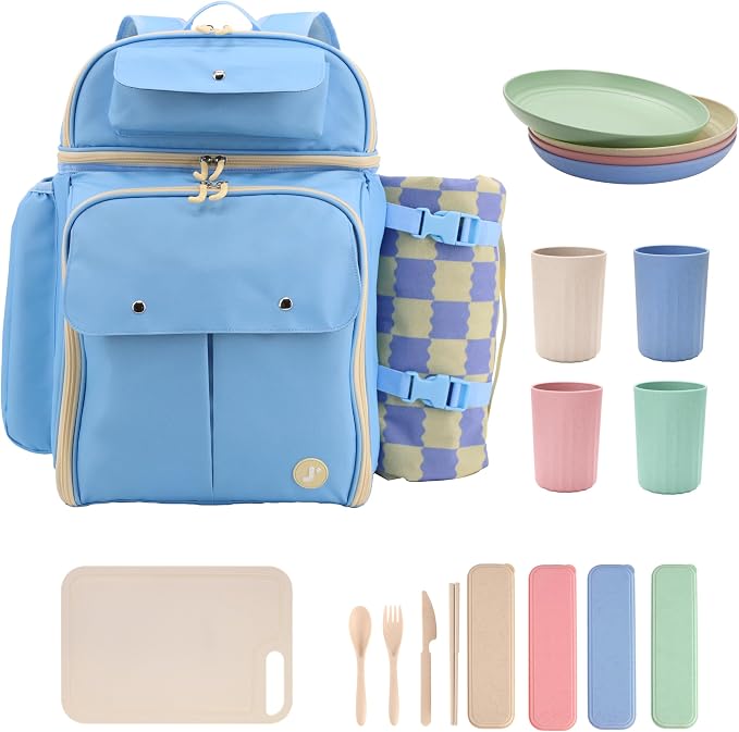 J World Picnic Backpack Cooler for 4. Insulated Picnic Basket Set with Folding Waterproof Blanket. Beach Camping Wedding Engagement Gift for Couples, Sky Blue